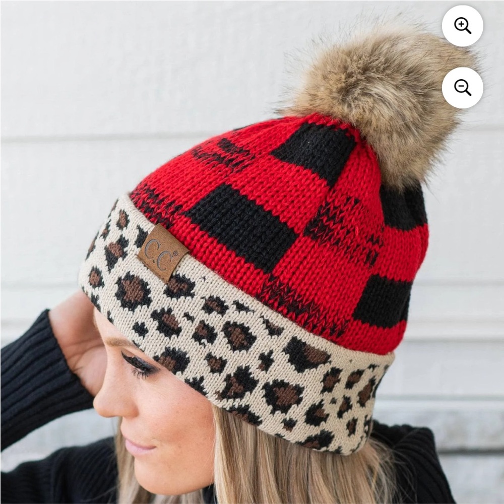 C.C Red and Black Plaid Beanie with Leopard Print and Fur Pom
